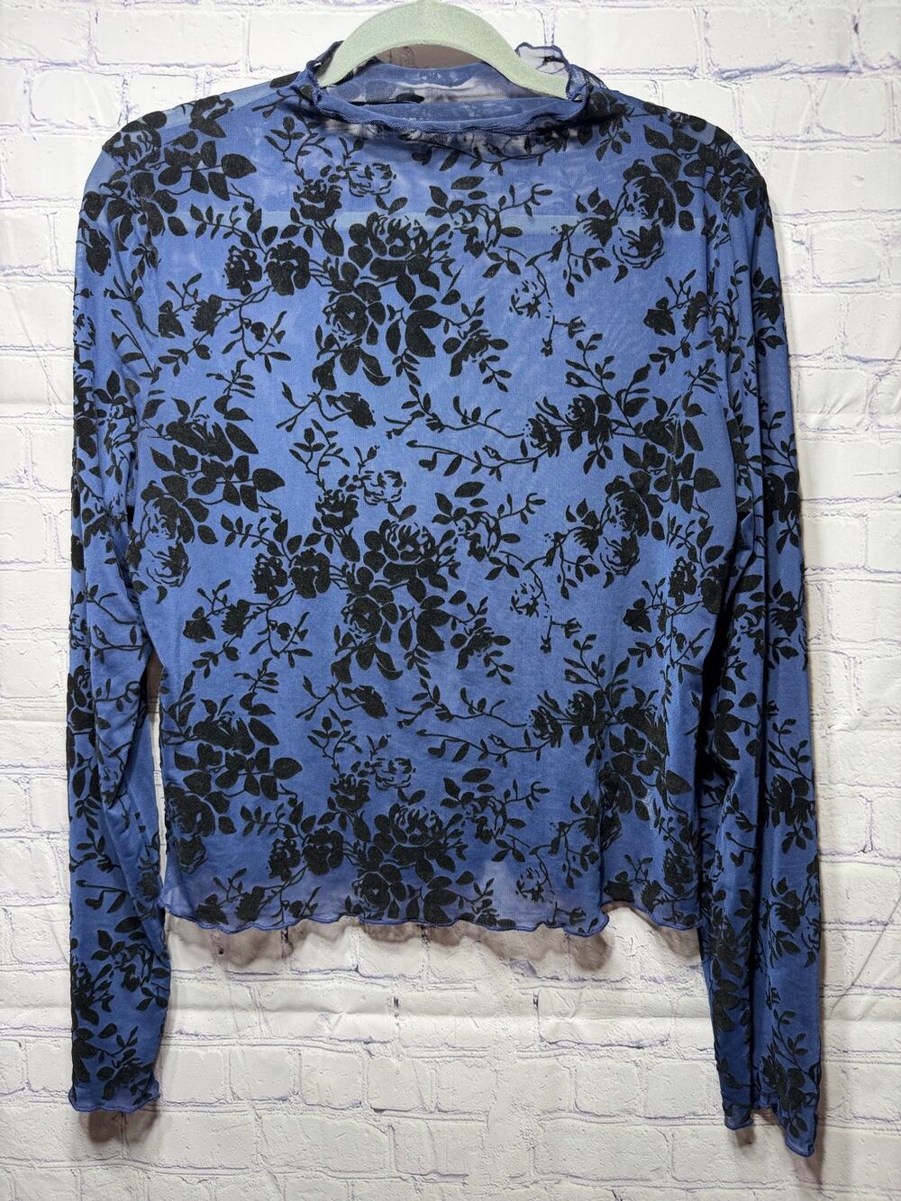 Whimsigoth Velvet Burnout Long Sleeve Sheer Top Blue Black Sz 2XL Fairy Grunge